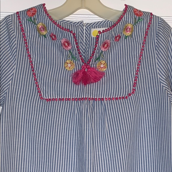 Mini Boden Girls' Striped Floral Embroidered Kaftan in Blue MIx EUC Tunic/Dress - Picture 6 of 16